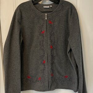 Croft & Barrow Charcoal Cardigan with Red Bird Embroidery